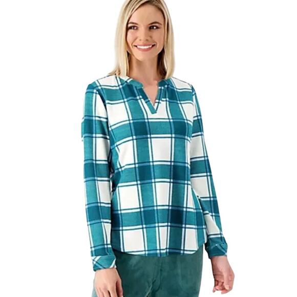 Denim&Co Tops - Denim & Co. Printed Heavenly Jersey Split Neck Long Sleeve Top DK SPRUCE SIZE M